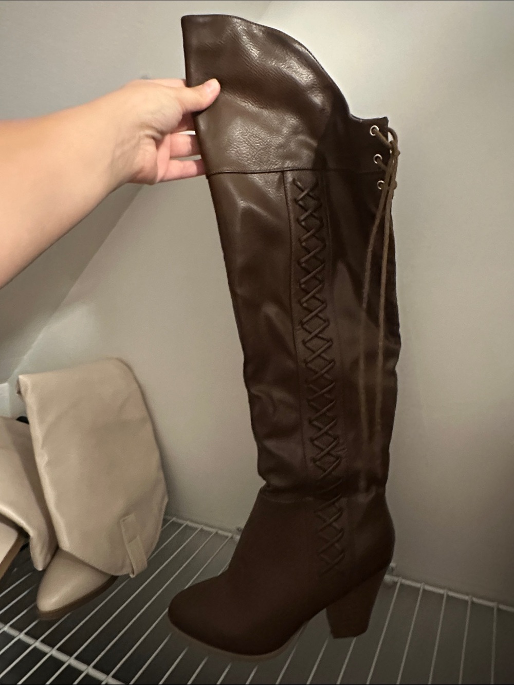 Women's Brown Knee-High Lace-Up Block Heel Boots